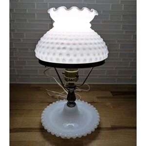 Vintage Hobnail Milk Glass Hurricane Lamp 11" High w/ Trinket Tray Base Table